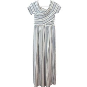 Japna Blue White Striped Smocked Maxi Dress Spring Summer SMALL